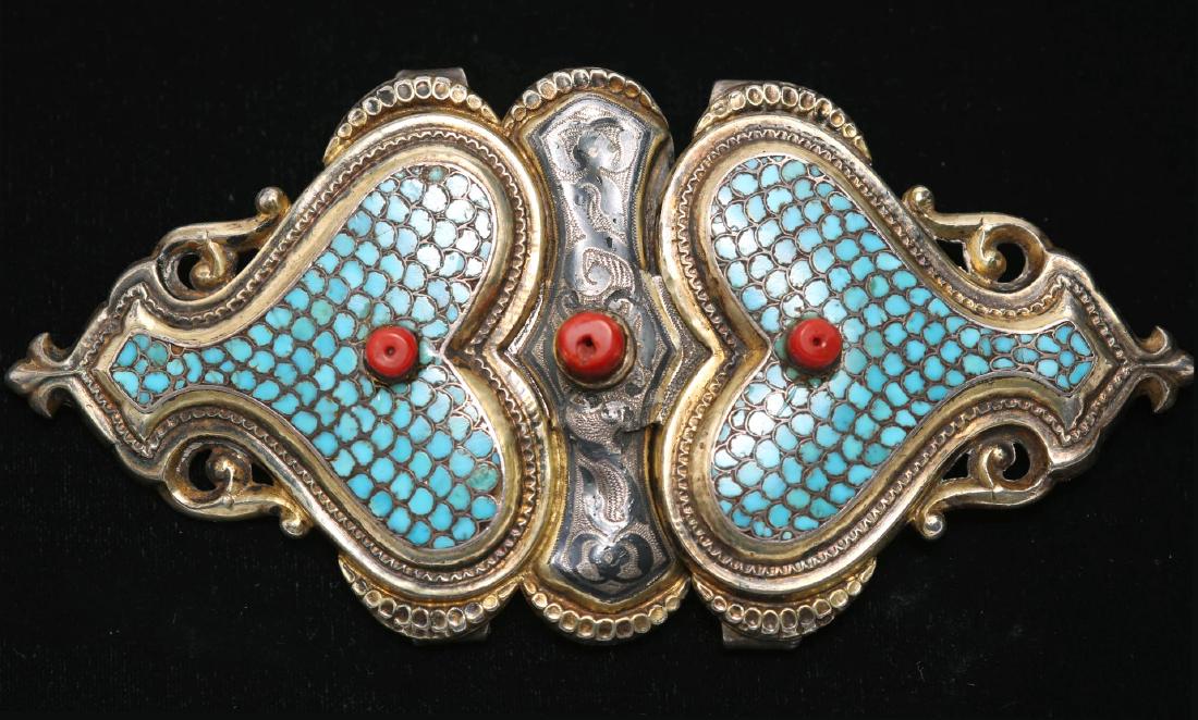 Caucasian Silver Buckle- Turquoise, Niello & Coral (1 of 6)
