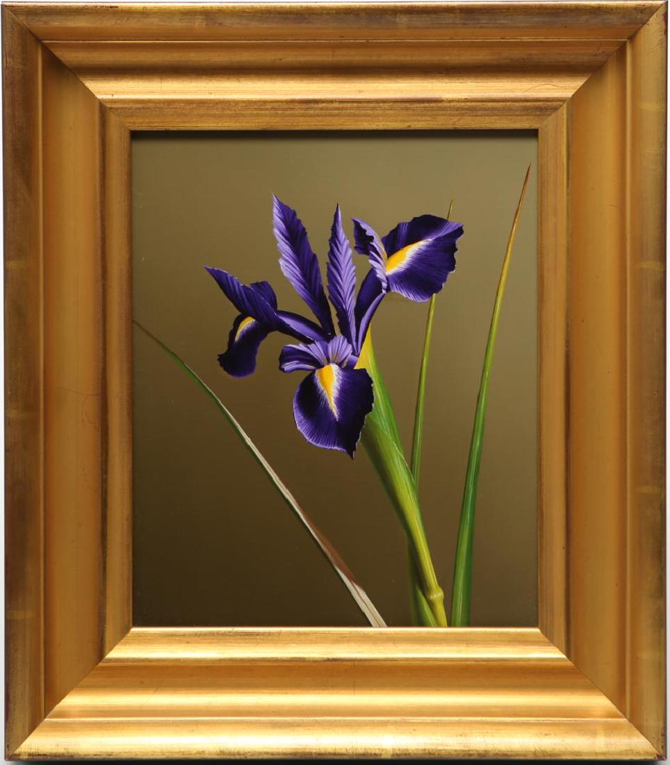 Otto Duecker (American, b. 1948)- Oil on Masonite: Otto Duecker botanical oil on board, Hyperrealist or Photorealist painting, depicting a purple iris flower. Image: 10.5" H X 8.75" W; frame: 16" X 13.75". One of a pair, the other to be found in Lot 1