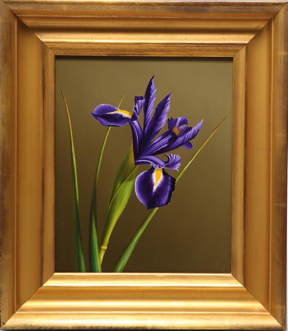 Otto Duecker (American, b. 1948)- Oil on Masonite: Otto Duecker botanical oil on board, Hyperrealist or Photorealist painting, depicting a purple iris flower. Image: 10.5" H X 8.75" W; frame: 16" X 13.75". One of a pair, the other to be found in Lot 1