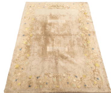 Leleu Vintage Art Deco Carpet- 8' 10" X 11' 9": Jules or Paule Leleu vintage Art Deco wool rug composed of a beige ground with green, yellow, and blue flowers upon a raised pile border, signed illegibly at one corner, retains an affixed "Mitin Anti