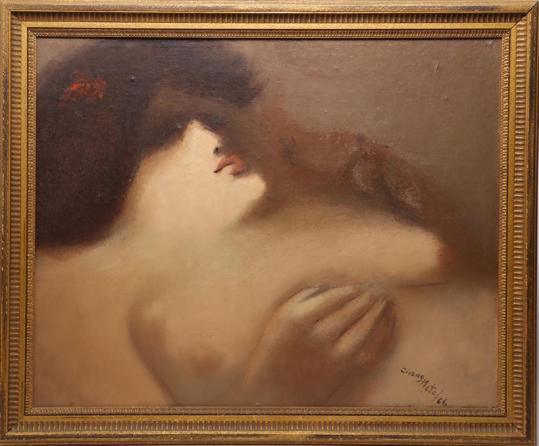Manuel Chong Neto (Panamanian, 1927-2010)- Oil: Manuel Chong Neto, "Acidez Rosa," a sensual reclining female nude, oil on Masonite, signed lower right and dated '66, bearing title on reverse with exhibition pamphlet. Image: 23.5" H X 29.25" W; fram