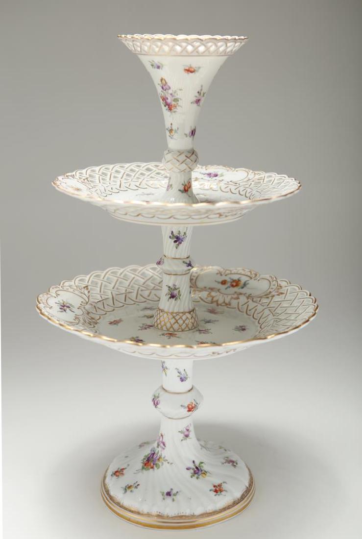 Dresden Meissen Porcelain Dessert Epergne or Stand: Antique Dresden Meissen porcelain dessert epergne or tiered stand, 1894-1914, reticulated basket-weave with floral and gilt decoration, bearing impressed "Meissen" mark and Dresden maker's mark in blu