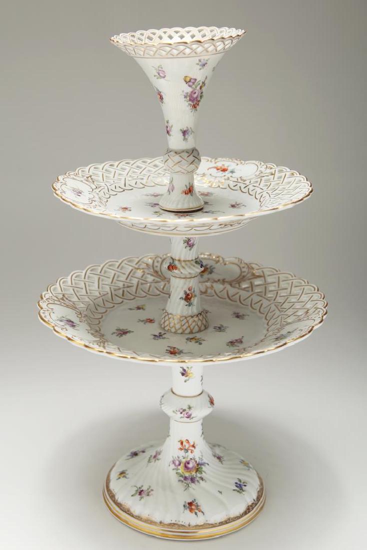 Dresden Meissen Porcelain Dessert Epergne or Stand: Antique Dresden Meissen porcelain dessert epergne or tiered stand, 1894-1914, reticulated basket-weave with floral and gilt decoration, bearing impressed "Meissen" mark and Dresden maker's mark in blu