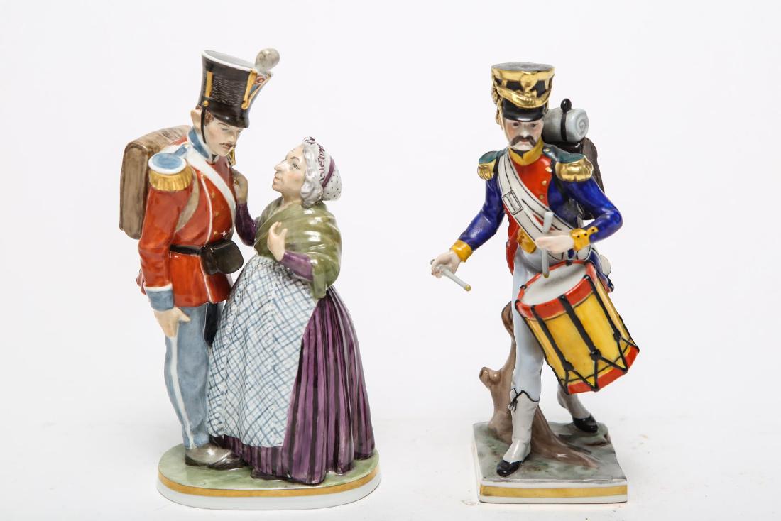 Royal Copenhagen & Dresden Soldier Figurines: Royal Copenhagen Danish and Dresden German porcelain military figurines, the Copenhagen depicting a Continental soldier and his mother, dated 1955; the Dresden a French drummer, painted "Franz. Inf. T