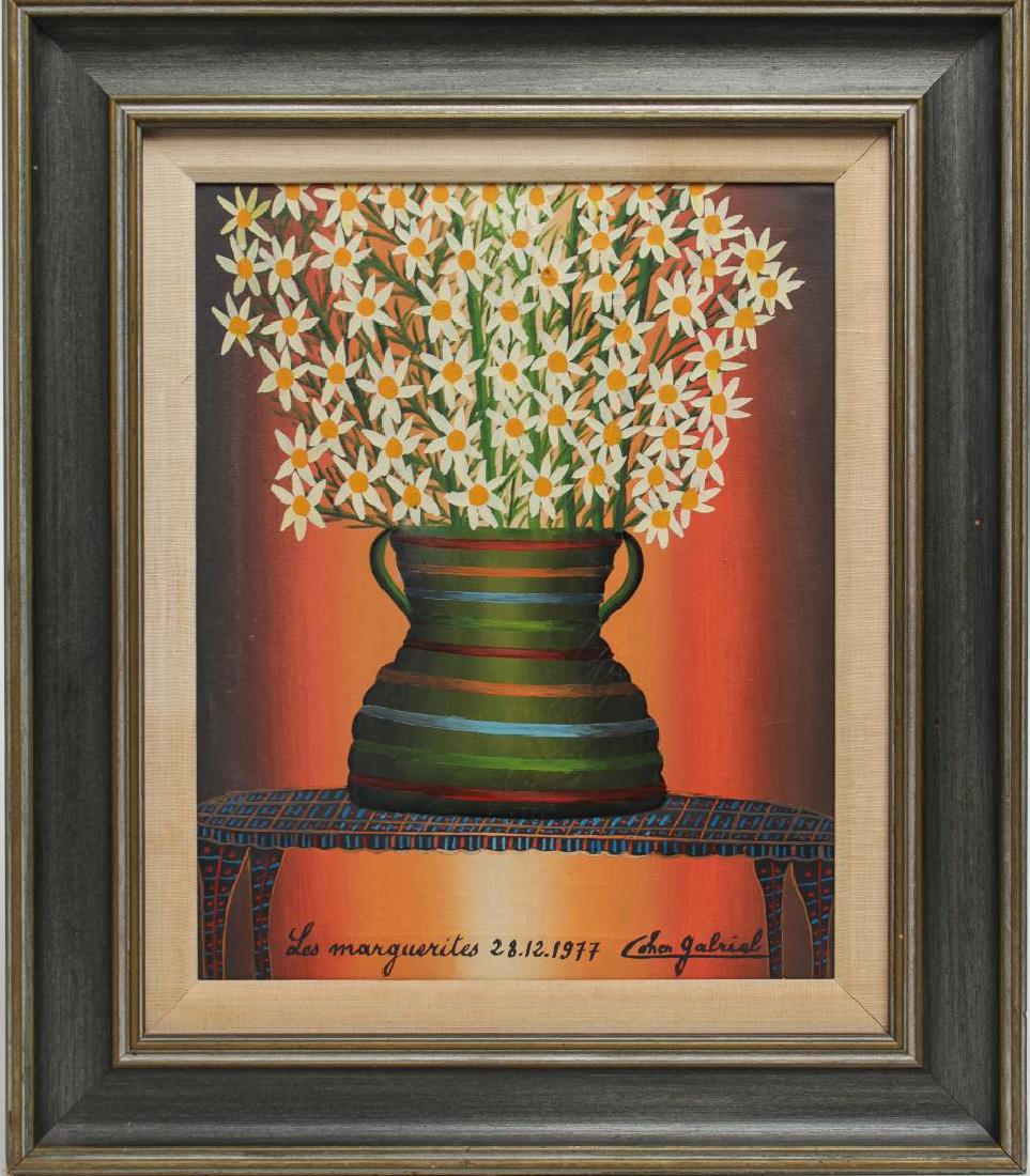 Gabriel Cohen (Israeli, 1933-2017)- Oil on Canvas: Gabriel Cohen oil on canvas, still life painting of a pot of marguerite daisies; titled, signed and dated along the lower edge "Les marguerites / 28.12.77 / Cohen Gabriel," Judaica. Image: 15" H X 11"