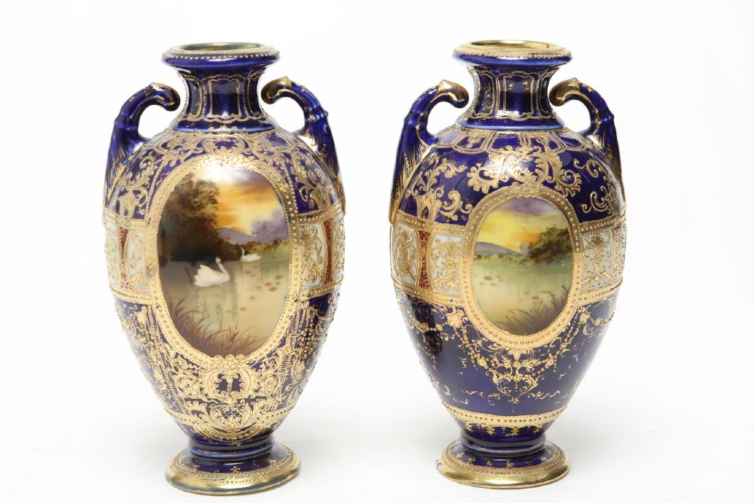 Nippon Porcelain Swan Vases, Gilt Cobalt Pair (1 of 9)