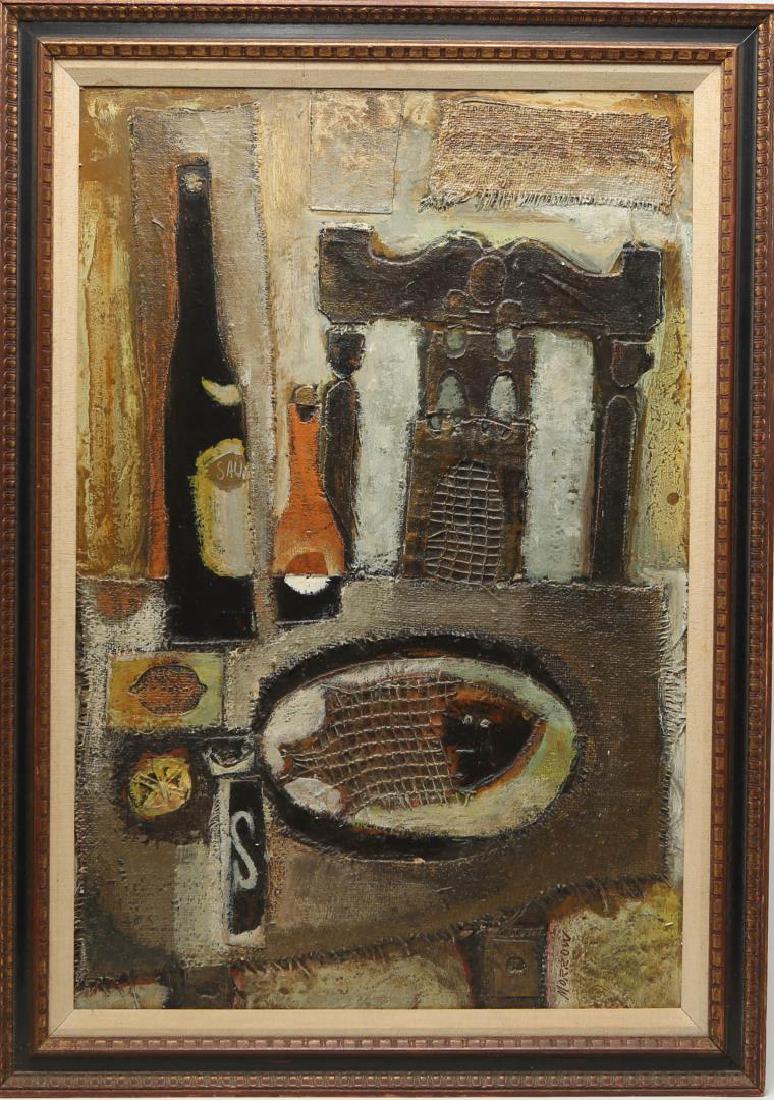 Kenneth Morrow (20th C.)- Mixed Media: Kenneth Marrow, "Caned Chair," still life of a chair and table, mixed media on Masonite, signed vertically lower right corner. Image: 29.25" H X 19.5" W; frame: 34.25" X 12.5".