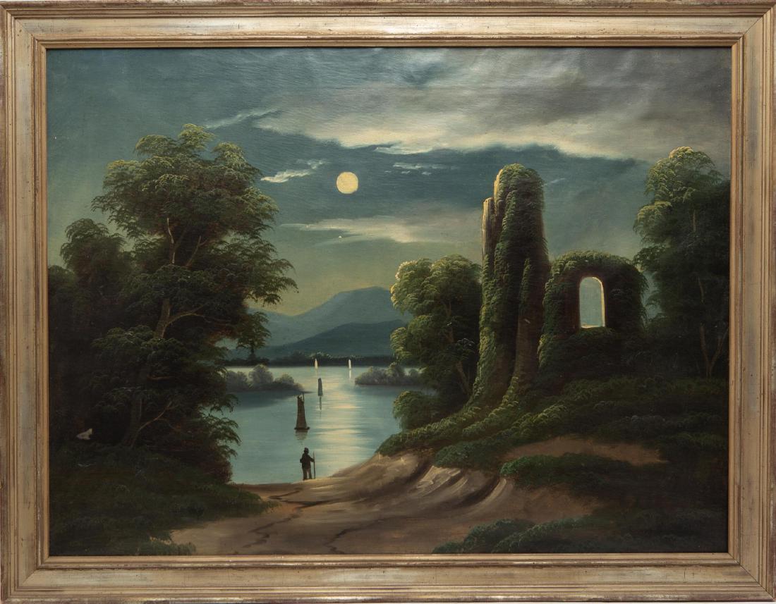 William Matthew Prior (American, 1806-1873)- Oil: William Matthew Prior, "Night Landscape," possibly England, oil on canvas. Image: 23.5" H X 31.25" W; frame: 27.5" X 35.5". Canvas with moderate repairs to reverse.