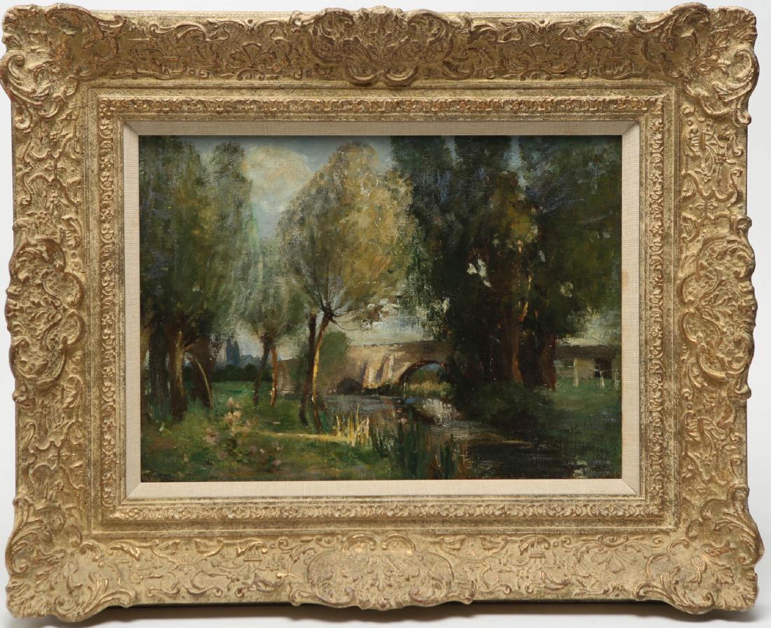 Ernest Albert Waterlow (English, 1850-1919)- Oil: Ernest Albert "E.A." Waterlow, "River Landscape," oil on canvas, signed lower left. Image: 11" H X 15.5" W; frame: 19" X 23.25". Canvas lined; with old gallery printout attached.
