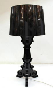 Kartell Bourgie Table Lamp by Ferruccio Laviani: Kartell Bourgie Italian black polycarbonate three-light table lamp with adjustable-height "pleated" shade, designed 2004 by Ferruccio Laviani, in a scrolling Baroque manner. 31" H.