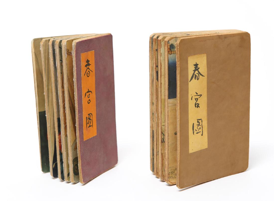Antique Japanese Shunga Erotic Books, 2: Antique Japanese shunga erotica books, each containing intimate images of both Japanese and Western lovers, on cloth and wove paper. Largest 7" H.