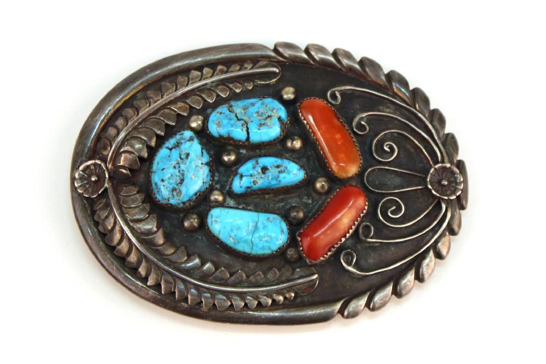 Navajo Silver Belt Buckle with Turquoise & Coral (1 of 8)