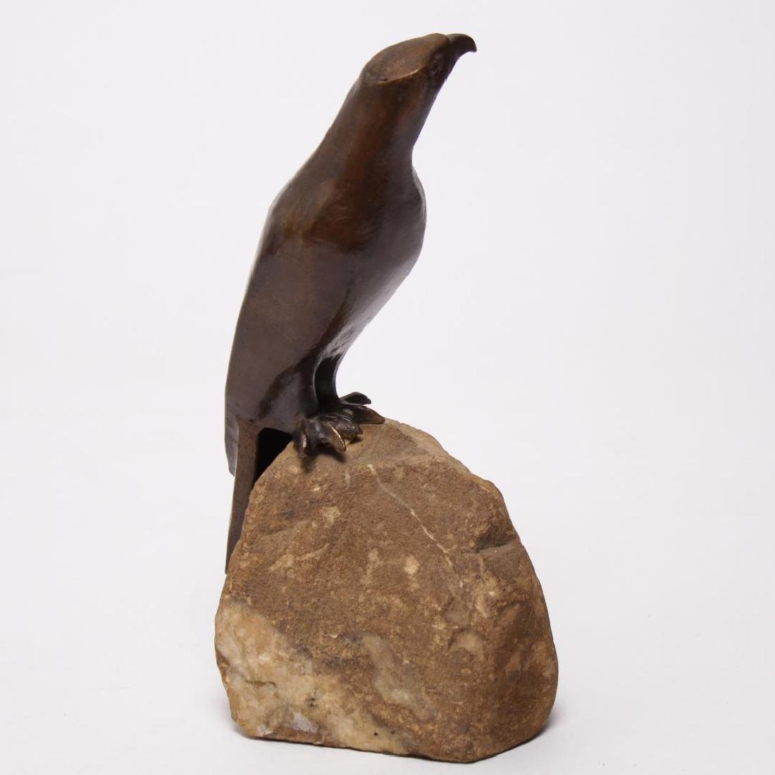 Charles Reussner (French,1886-1961)- Bronze: Charles Reussner bronze, "Perched Falcon," patinated a copper-brown, stamped "Reussner" on one side of tail, the raptor bird mounted on a granite base. 8.25" H.