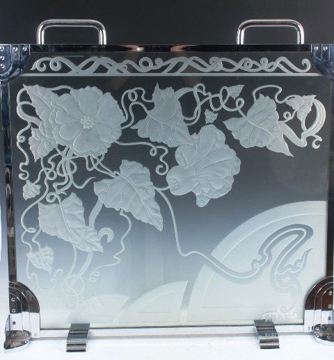 Dennis Abbe Art Deco Revival Glass Firescreen: Dennis Abbe Art Deco Revival Chrome, Etched & Carved Glass Firescreen. Excellent detail and craftsmanship. 31" x 33" x 6 1/2" Following information taken from ModernScultpure.comAbbe was a protege of