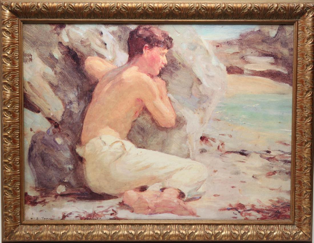 Henry Scott Tuke (after) - Print, "Boy on a Beach": After Henry Scott Tuke (English, 1858-1929), "Boy on a Beach" print on canvas of his original Impressionist-manner oil painting. Image: 21.5" H X 29" W; frame: 27" X 34.5".