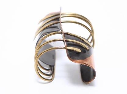 Art Smith Modernist Cuff Bracelet-Mixed Metal: Vintage Art Smith (1917-1982) Modernist cuff bracelet, brass and copper, bearing signature on interior, "Art Smith." 7.5" inner circumference.