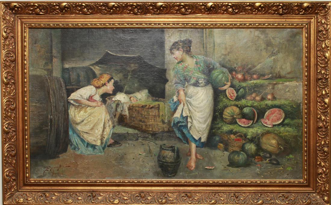 E. Scognamiglio Two Women Selling Watermelons Oil: Eduardo Scognamiglio (Italian, XIX-XX) "Two Women Selling Watermelons", oil on canvas, signed lower left, "E. Scognamiglio Napoli." Image: 18" H x 32" W; frame: 24" H x 38" W. Craquelure in areas.