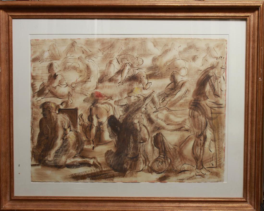 Reginald Marsh (attrib.) Figures, Oil on Paper: Reginald Marsh (attrib.) (American, 1898-1954) Figures on a beach, oil on paper, toned paper on reverse with subtle images of figures in pencil and oil, possible inventory numbers lower right corner,
