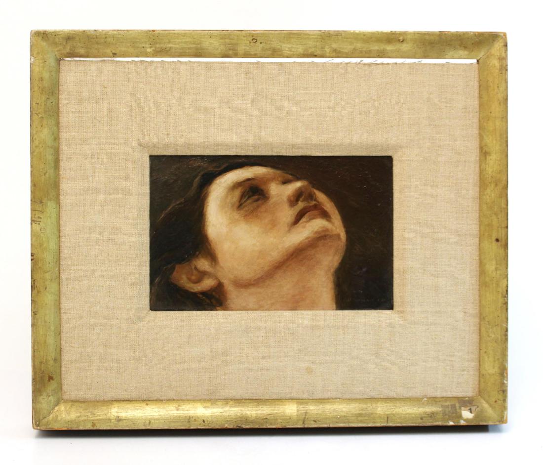 Julian Edwin Levi "Head" Oil on Board 1934: Julian Edwin Levi (American, 1900- 1982) "Head", depicting a woman's head looking up, signed and dated lower left, "Julian Levy 1934", partial old gallery label with title on reverse. Image: 5.5" H x 