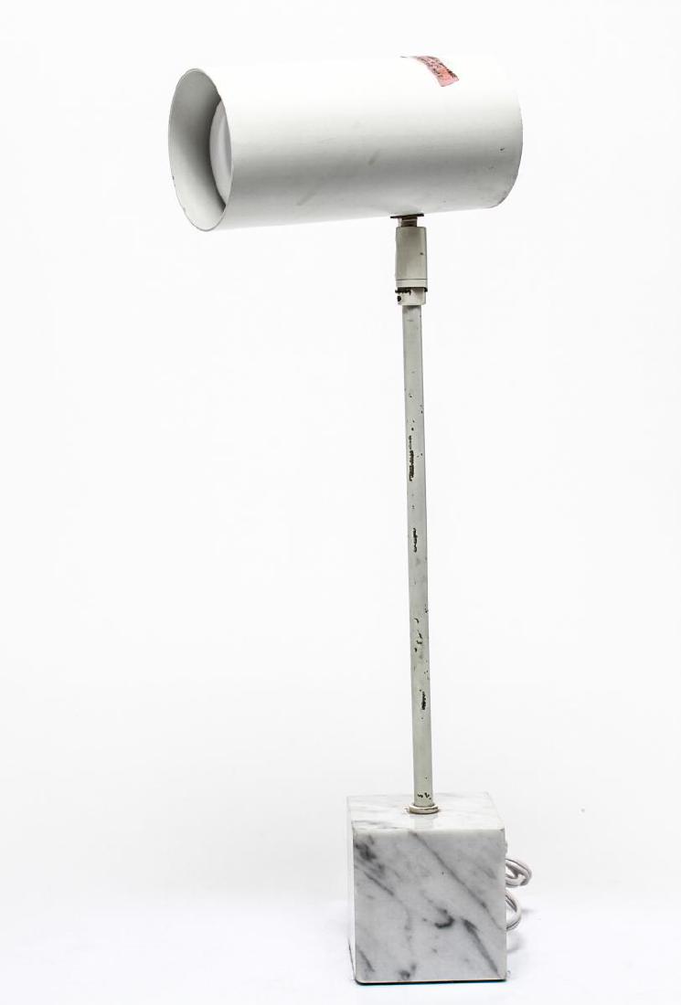 Mid-Century Robert Sonneman for Kovacs Table Lamp: Robert Sonneman for Kovacs, mid-century modern cream-painted metal table lamp with movable can, on white and gray marble base. 18" H X 6" L.