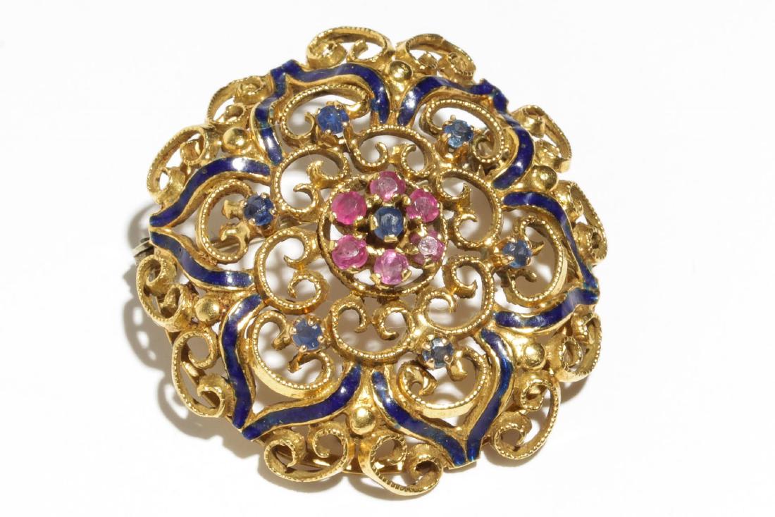 Renaissance Revival Sapphire/Ruby 18K Gold Brooch (1 of 4)