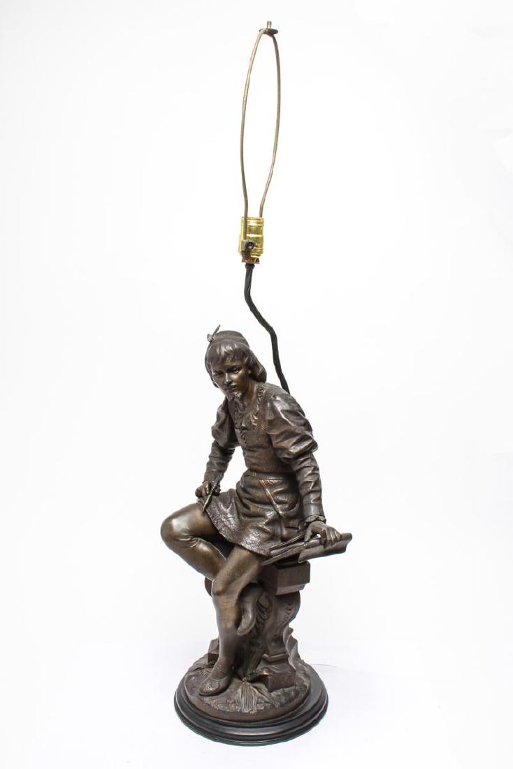 Eutrope Bouret (after), Young Scribe - Bronze Lamp: After Eutrope Bouret (French, 1833-1906) brown-patinated bronze sculpture of a finely-dressed young Renaissance scribe or bard, seated on a tripod pedestal, one prong inscribed "Bouret," now mounted a