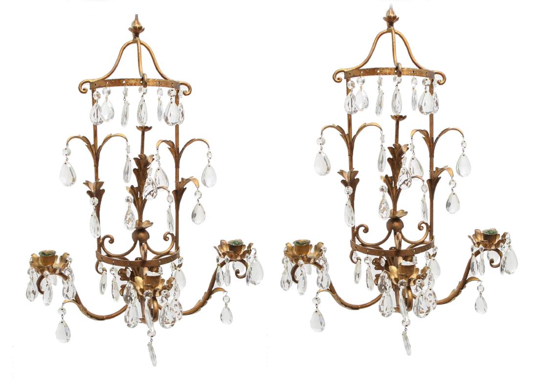 Hollywood Regency Gilt & Prisms Candle Sconces Pr (1 of 6)