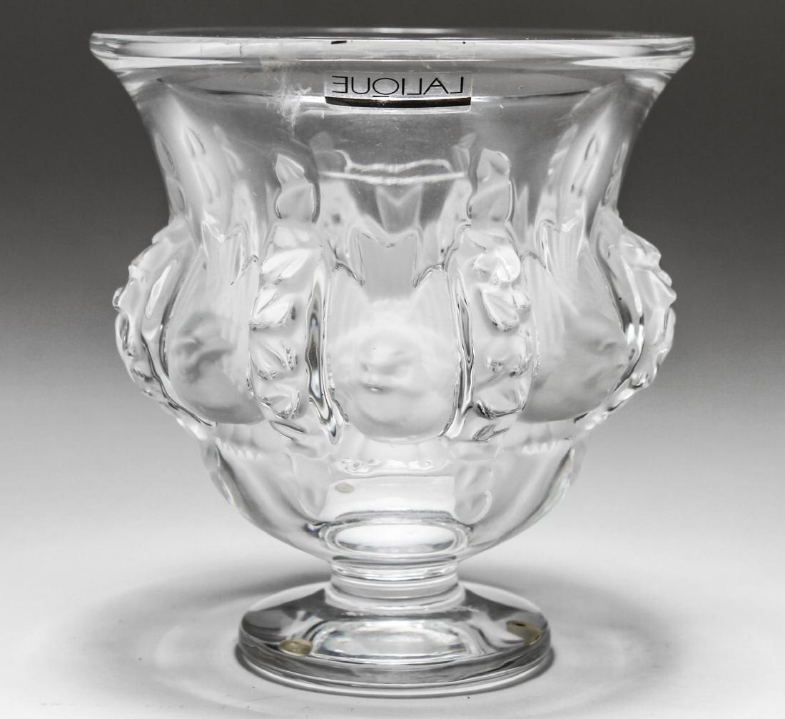 Lalique Crystal "Dampierre" Vase: Lalique frosted crystal art glass "Dampierre" vase, flared lip above mid-band of frosted sparrows, bearing etched maker's mark underneath and original manufacturing label on interior. 5" H.