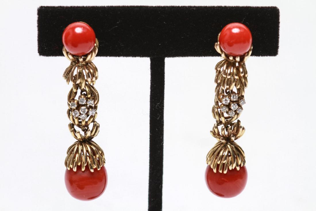 14K Gold Diamond & Coral Dangle Earrings, Pair (1 of 4)