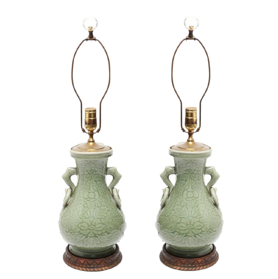 Chinese Longquan Celadon Porcelain Vase Lamps,Pr (1 of 8)