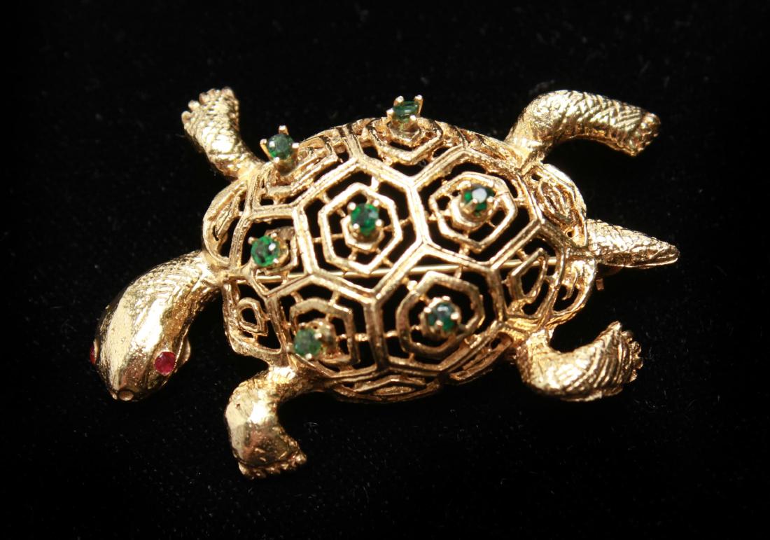 14K Gold Emeralds Rubies La Marquise Turtle Brooch (1 of 5)