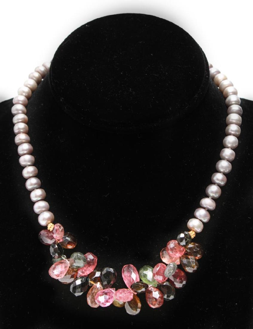 14K Gold Gray Pearls Amethyst & Quartz Necklace (1 of 5)