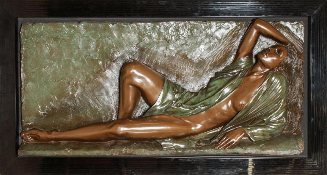 Bill Mack Relief Sculpture Reclining Woman Resin: Bill Mack (American, b. 1944) resin with faux bronze patina, high-relief plaque sculpture of a reclining semi-nude woman, signed and dated on underside of protruding base "© Bill Mack 1990," set into