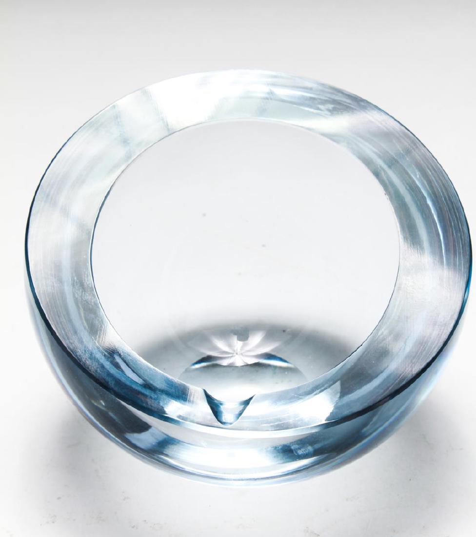 Mid-Century Stromberg Gunnar Nylund Geode Ashtray: Rare Mid-Century Modernist Gunnar Nylund for Stromberg Sweden ice blue-tinted glass "Geode" ashtray, the tilted cut bowl with one cigarette slit, the underside acid-etched "Strombergshyttan H194." 3.7