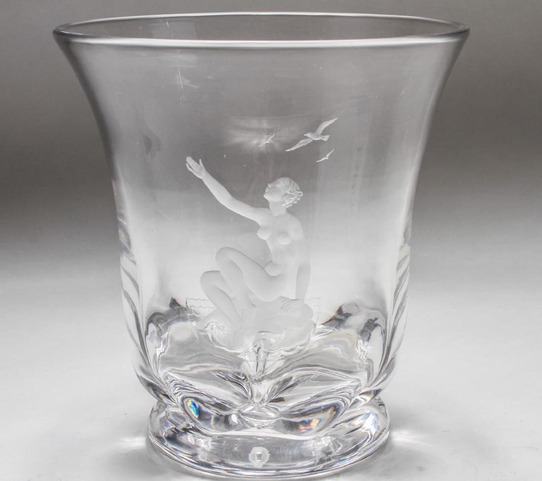 Orrefors Etched Crystal Vase, Nude Girl w Seagulls: Orrefors Sweden etched colorless crystal vase #1620, one side depicting a nude young girl with seagulls, the underside acid-etched "Orrefors N1620 / (illegible) / A5." 8.25" H X 7.75" diameter.