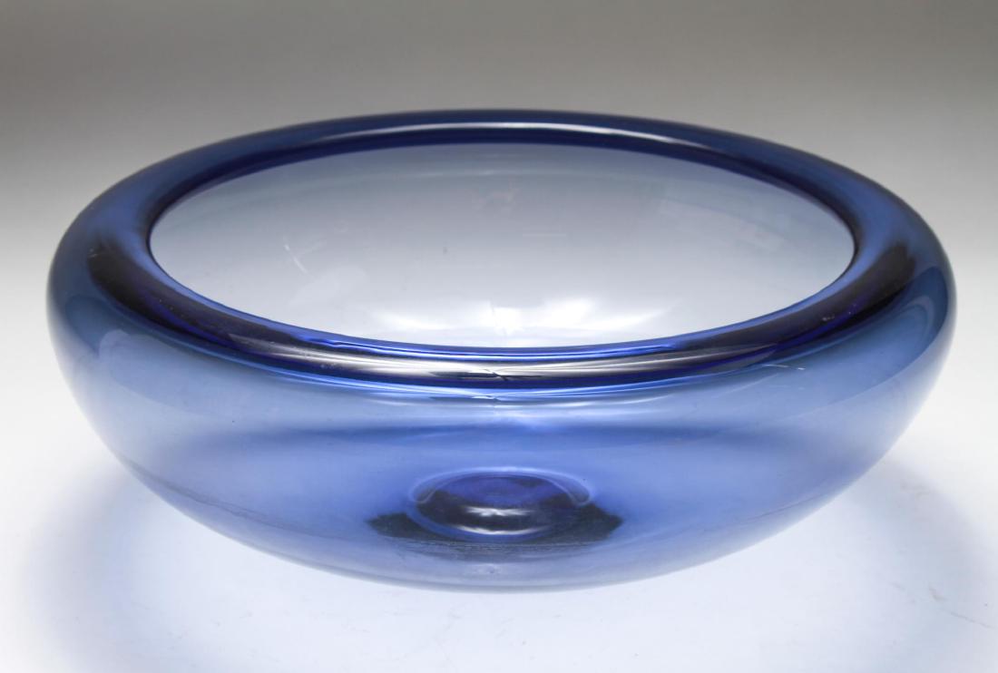 Mid-Century Per Lutken Blue Glass Bowl 1960s: Mid-Century Modernist Per Lutken for Holmegaard, Denmark, the sapphire blue glass centerpiece bowl with inverted rim, vintage 1960s, the underside acid-etched "Holmegaard / PL / 17743." 5.25" H X 13"