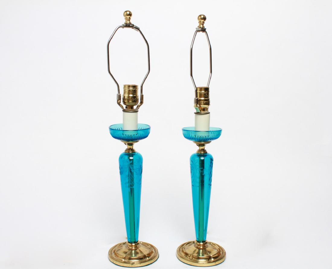 Clear Etched Turquoise Glass Candlestick Lamps-2 (1 of 9)