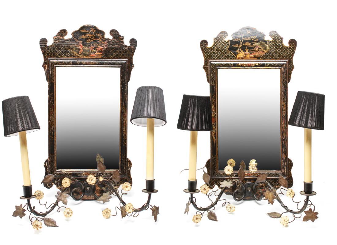 Chinoiserie Manner Framed Mirror Wall Sconces Pair (1 of 12)
