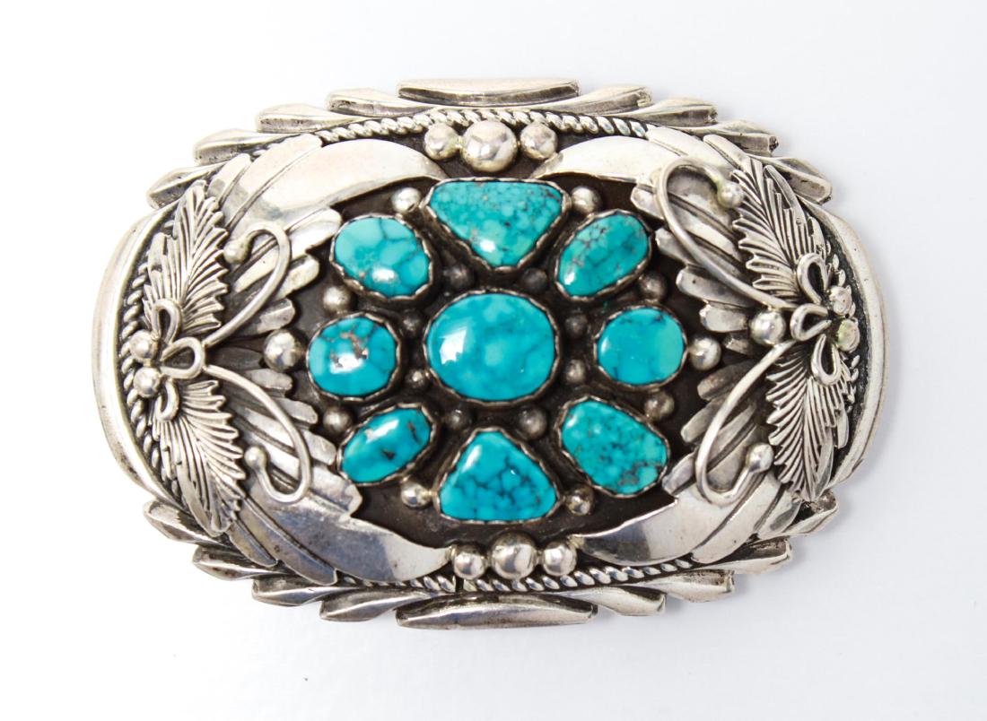 Navajo Turquoise & Silver Belt Buckle, Signed PJ (1 of 4)