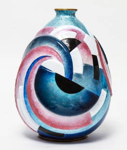 Camille Faure Rare French Art Deco Enamel Vase: Camille Faure (French, 1872-1952) rare Art Deco enameled metal ovoid-form vase with a bas-relief motif in blue, rose-pink, black, and white enamel, signed in gold enamel, "Faure - Limoges / France," c