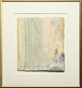 Bernd Haussmann Small Abstract Mixed Media on Paper: Bernd Haussmann (German, b.1957) untitled mixed media on paper with flower motif in lower right corner, signed initialed and dated upper left "H . 10 .1998" Frame: 12" H x 12" W x 1" D; Image: 7" H x