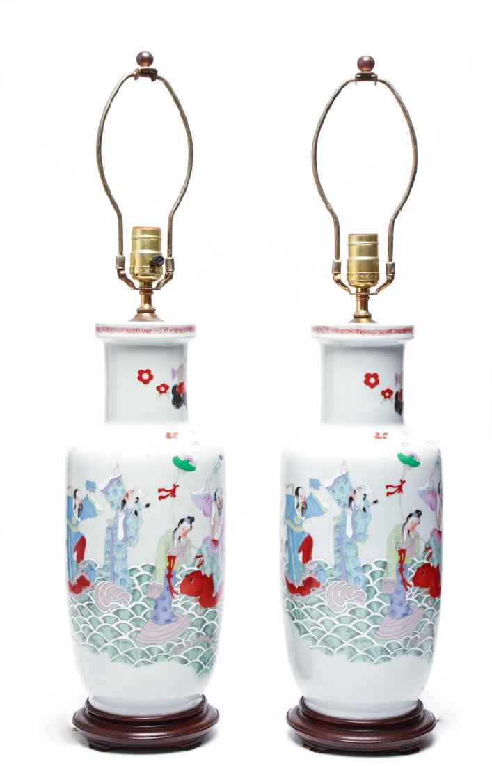 Asian "Eight Immortals" Porcelain Vase Lamps, Pr (1 of 8)