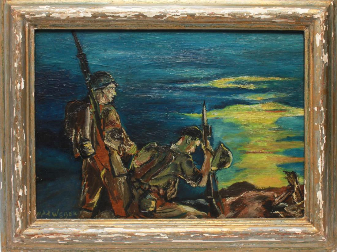 Max Weber Soldiers by the Sea Oil on Board: "Soldiers by the sea," signed lower left, "Max Weber," oil on masonite. Image: 10" H x 14" W; frame: 13.25" H x 17.25" W.