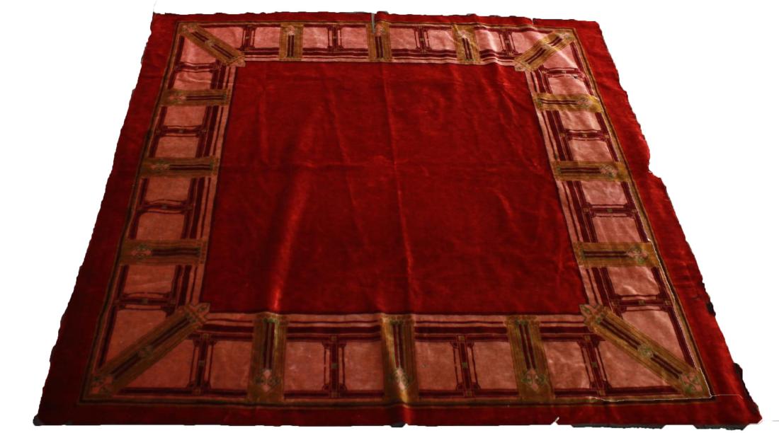 Art Nouveau Velvet Piano Cover, Antique: Scarlet velvet Art Nouveau piano cover. 56" L x 56" W. Tears, small hole, and losses to edges.