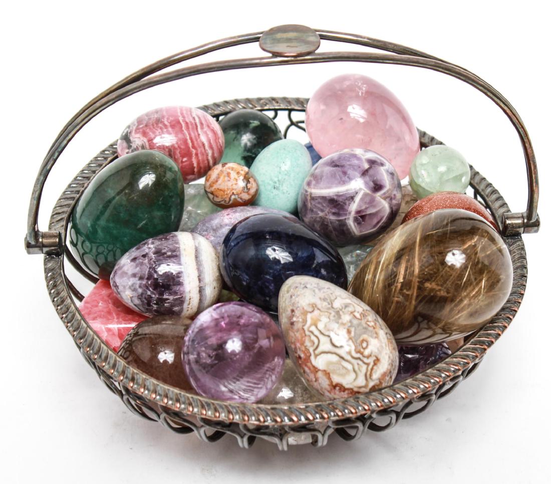 Semi-Precious Gemstone Eggs in Silver-Plate Basket (1 of 12)