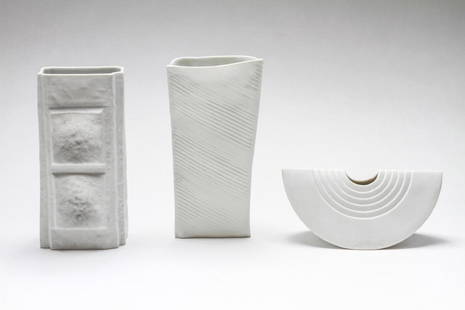 Mid-Century Rosenthal Studio Line Ceramic Vases, 3: Mid-Century Modernist Rosenthal Studio Line ceramic vases, comprising a white bisque monolith designed by Martin Freyer, half-moon by Johan van Loon, and a glazed "Angolo" by Ambrogio Pozzi. From