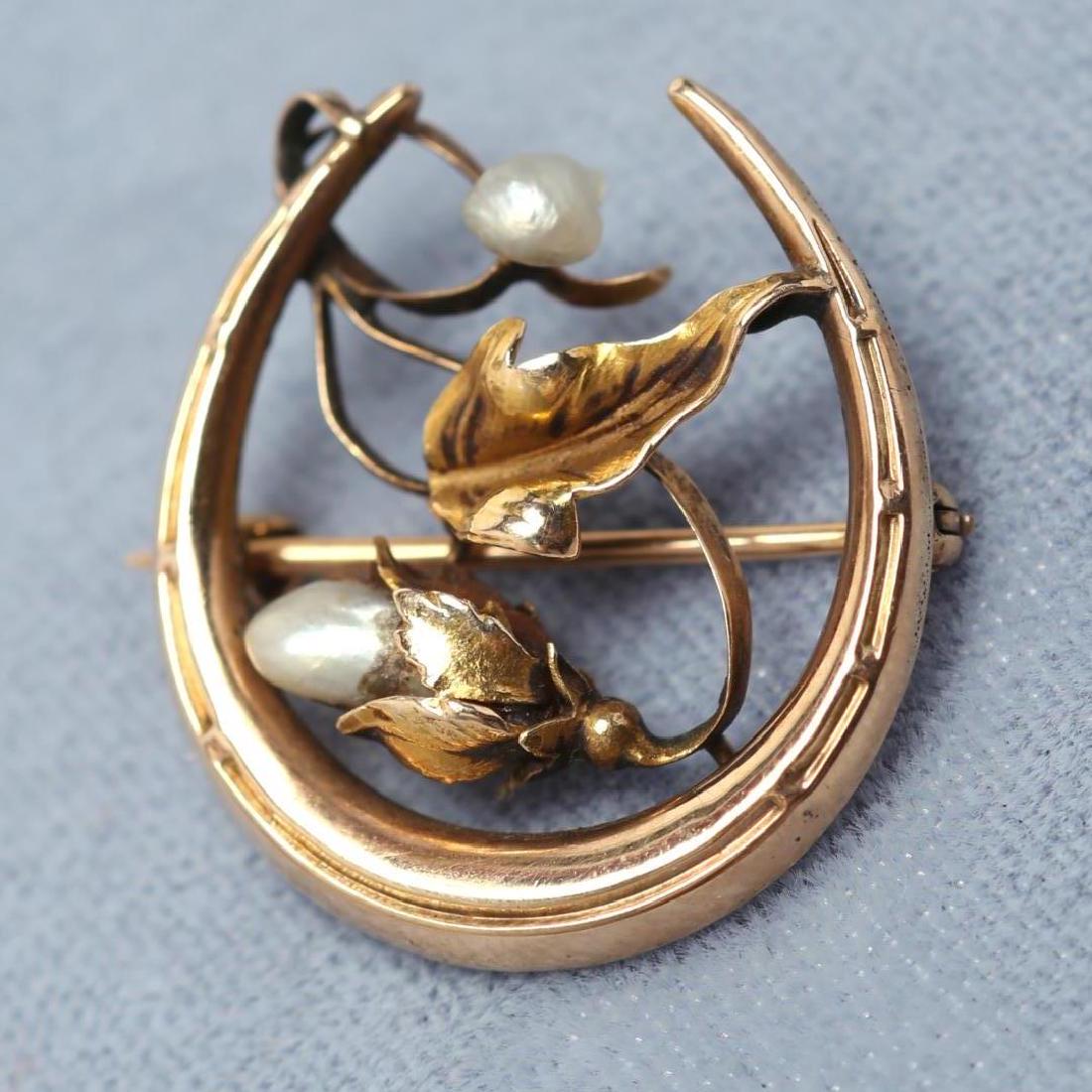 10K Gold & Pearl Horseshoe Brooch, Antique (1 of 4)