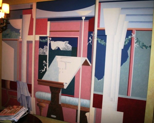 Michael Graves Tryptic "Easel Mural" Painting 79: Very Large Michael Graves painting, latex on canvas over Three (3) wood panels, 1979. 80" x 106".This was actually a study for a large installation in a showroom in 1979. The work was documented in va