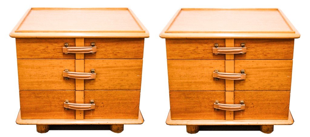 Mid-Century Paul Frankl Station Wagon Nightstands: Mid-Century Modernist Paul Frankl for John Stuart / Johnson Furniture Co. "Station Wagon" series, pair of birch and blond mahogany nightstands, 1945, the top drawer with metal "John Stuart Inc. / New