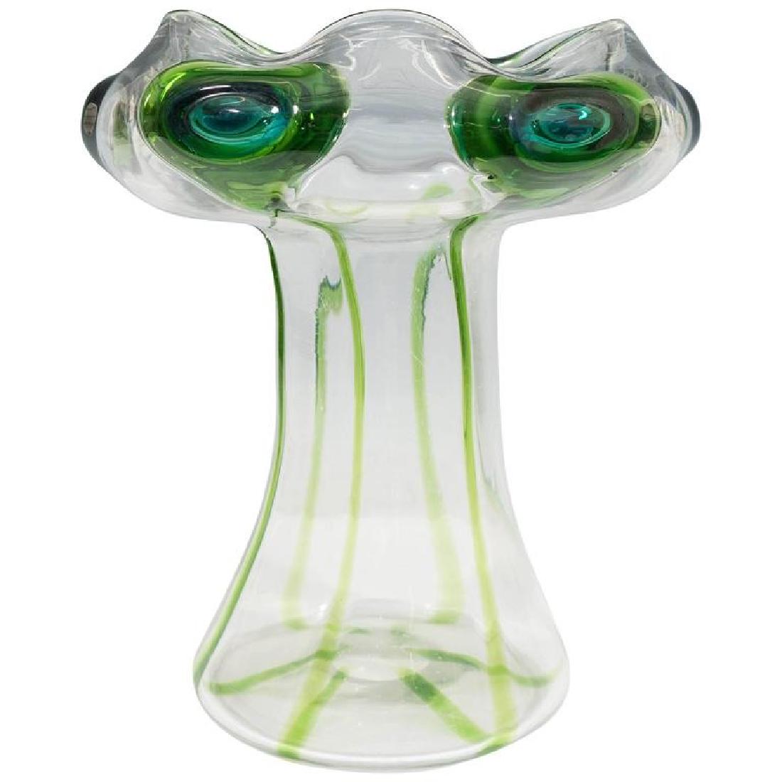 Stuart & Sons Cairngorm Hand-Blown Glass Tall Vase: Stuart & Sons "Cairngorm" early 20th Century hand-blown glass vase, Art Nouveau manner, with folded rim and bulbous top detailed with green and turquoise peacock eye trails. 11" H x 10" diameter.